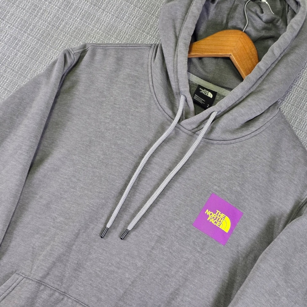 The North Face Hoodie Mens M Gray Big Back Logo Spellout Purple Yellow Graphic